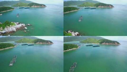 4K航拍渔港内海上养殖场的渔船渔排浮漂高清在线视频素材下载