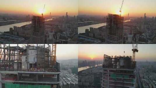 航拍广州国际金融城大楼高空作业高清在线视频素材下载