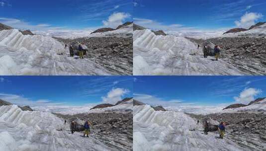 攀登四川第二高峰中山峰的登山队徒步冰塔林高清在线视频素材下载