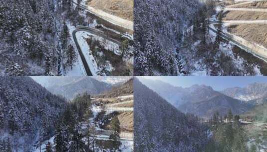 被雪覆盖的森林及蜿蜒道路的鸟瞰景象高清在线视频素材下载