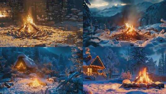 冬季野外篝火合集 雪地篝火燃烧的火种片头高清在线视频素材下载