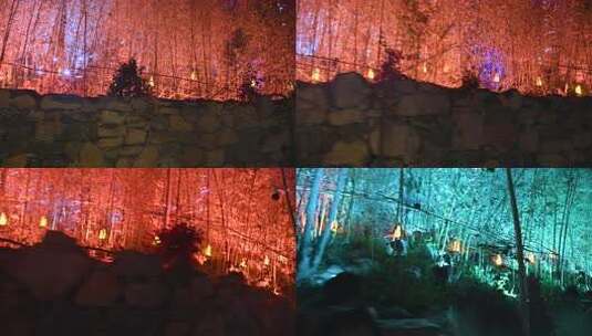 夜晚石墙后灯光映照的竹林高清在线视频素材下载