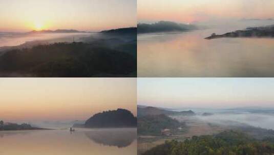 江西永修江上景区清晨农村大气湖面大山航拍高清在线视频素材下载