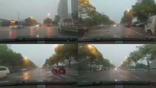 大雨中行车雨季驾驶汽车车内视角实拍高清在线视频素材下载