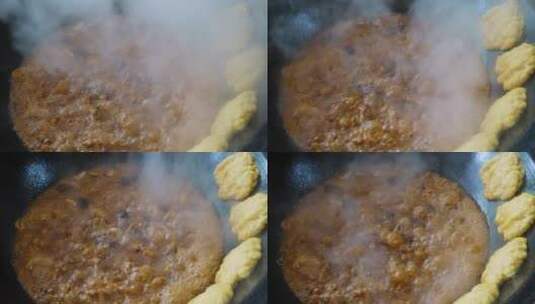 锅中沸腾的红烧鸡块高清在线视频素材下载