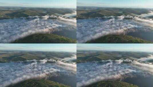 航拍云雾缥缈的山林湖泊高清在线视频素材下载