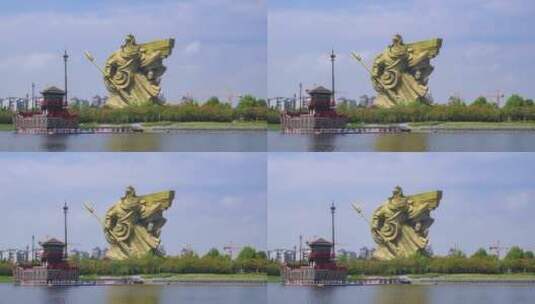 延时摄影湖北荆州古城三国历史旅游关羽雕像高清在线视频素材下载