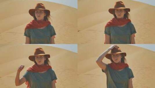 戴着牛仔帽的女孩走在沙漠中高清在线视频素材下载