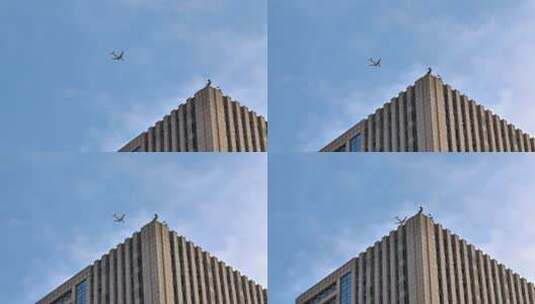一架飞机在楼顶飞过高清在线视频素材下载