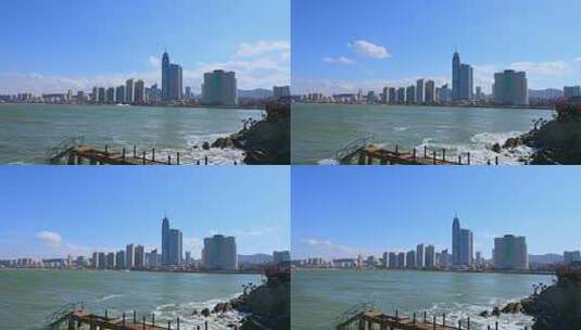 山东烟台海岸线建筑群蓝天白云城市风光延时高清在线视频素材下载