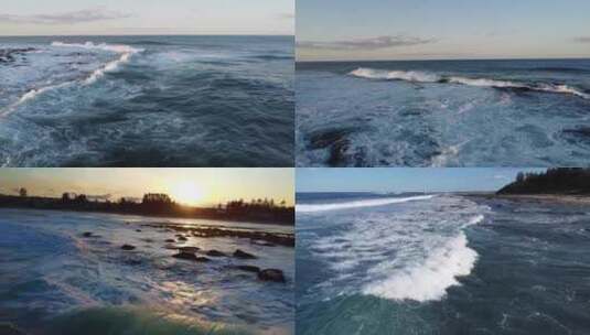 航拍海浪波浪海岸浪花夕阳大海边高清在线视频素材下载