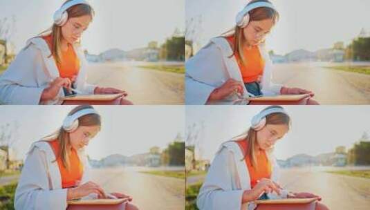 戴耳机的少女坐在公园长椅上，用手写笔在平板电脑上画画高清在线视频素材下载