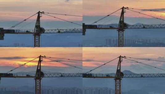 黄昏建筑塔吊航拍视频高清在线视频素材下载