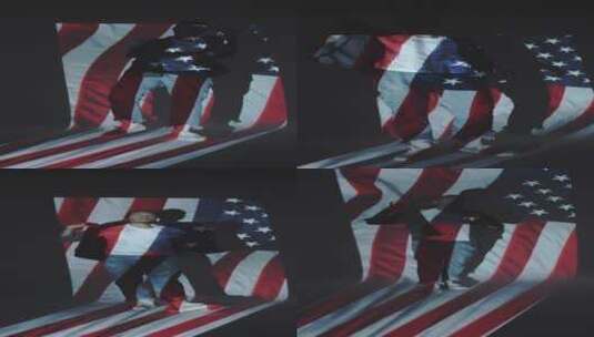 站在美国国旗的投影前的人高清在线视频素材下载