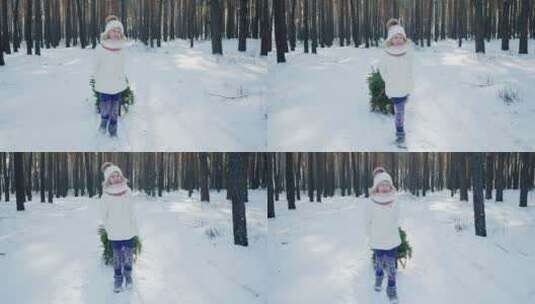 雪地里拉着雪橇的女孩高清在线视频素材下载