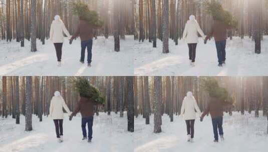 男人扛着圣诞树牵着自己妻子的手走在森林的雪地里高清在线视频素材下载