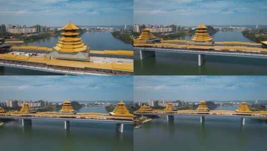 广西柳州凤凰岭大桥风雨桥风雨亭金色塔顶高清在线视频素材下载