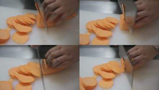 厨娘女厨师切红薯片白薯片高清在线视频素材下载