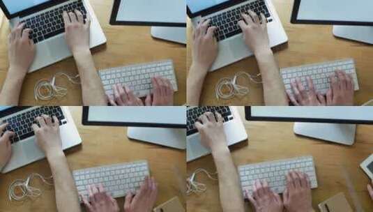 双手在桌子上的不同键盘上工作高清在线视频素材下载