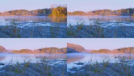 山林秋景倒映在清晨雾气弥漫的水面高清在线视频素材下载