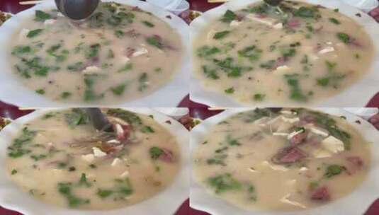 羊肉汤疙瘩汤搅拌慢动作高清在线视频素材下载