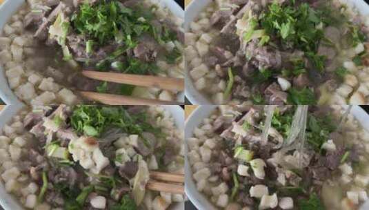 羊肉泡馍筷子搅拌慢动作高清在线视频素材下载