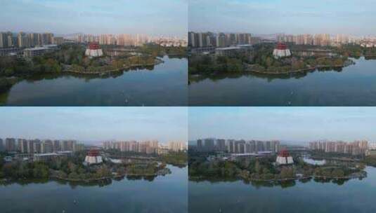 枣庄东湖公园中兴阁鲁南水城航拍片段高清在线视频素材下载