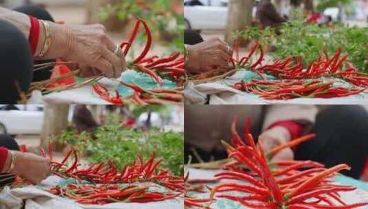 农忙时节农村忙着穿红辣椒的农民老奶奶特写高清在线视频素材下载