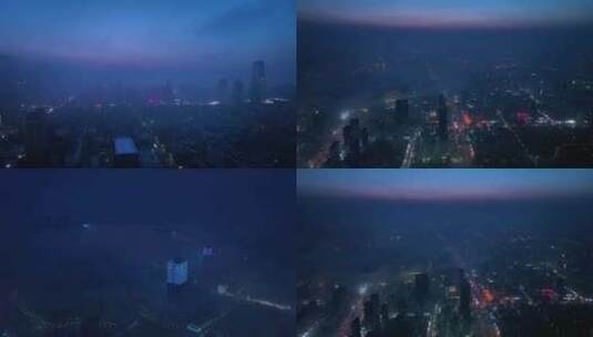 航拍雾中的夜景城市高清在线视频素材下载