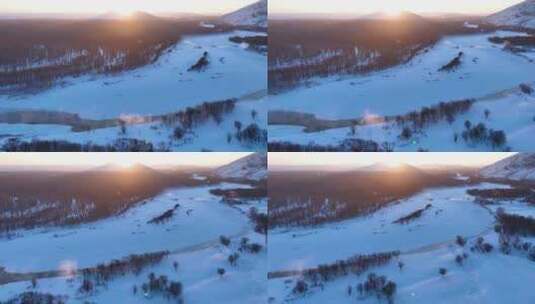呼伦贝尔自然风光根河湿地冰河丛林夕阳雪景高清在线视频素材下载