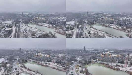 航拍扬州瘦西湖大明寺观音山宋夹城园林雪景高清在线视频素材下载