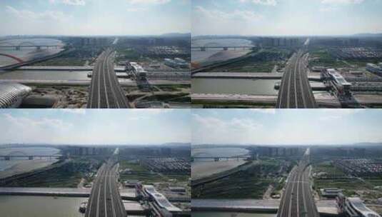 杭州钱塘快速路下沙路高速公路航拍高清在线视频素材下载