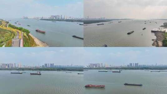 航拍南京长江船只高清在线视频素材下载