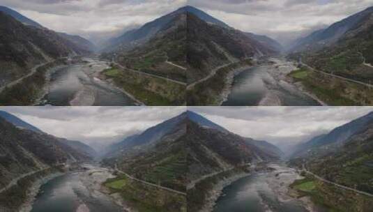 航拍气势峡谷山谷江河大山高清在线视频素材下载