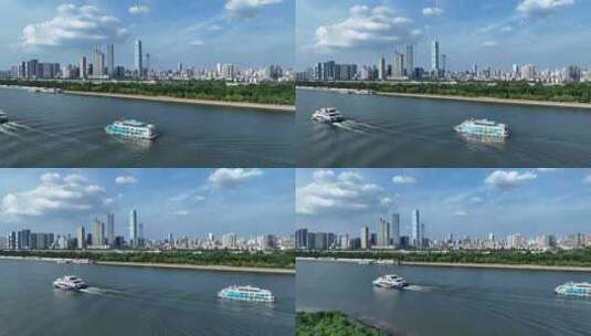 长沙蓝天白云湘江游船城市风光高清在线视频素材下载
