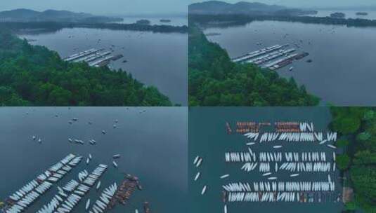 杭州西湖游船船夫清晨烟雨朦胧高清在线视频素材下载
