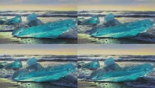 4K-蓝色冰川、冰岛钻石冰黑沙滩03高清在线视频素材下载
