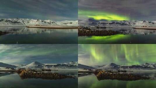 4k延时冰岛极光大爆发星空雪山倒影高清在线视频素材下载