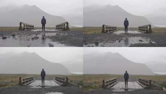 人行桥，田野，下雨，站立高清在线视频素材下载