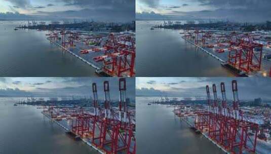 广州南沙港航拍港口日出集装箱码头清晨高清在线视频素材下载
