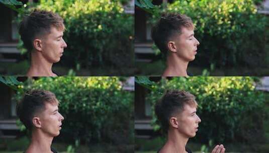 年轻人在绿色大自然中静修祈祷的瑜伽呼吸与高清在线视频素材下载