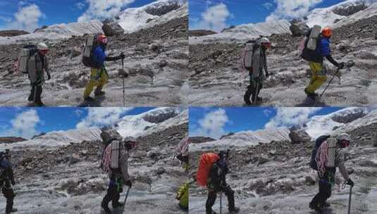 攀登四川第二高峰中山峰的登山队徒步冰塔林高清在线视频素材下载