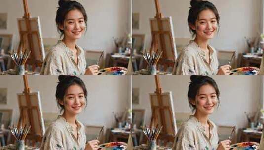 女艺术家微笑画室持调色板作画高清在线视频素材下载