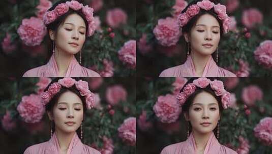 唐朝女子牡丹花间轻语高清在线视频素材下载