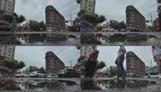 上海街道雨天行人与建筑景观高清在线视频素材下载