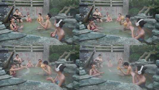 温泉中欢聚，音乐与放松的时光高清在线视频素材下载