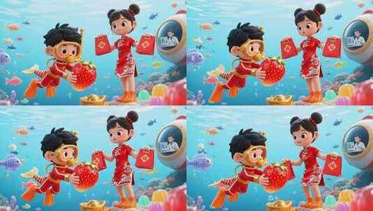 海底儿童卡通新春互动场景高清在线视频素材下载