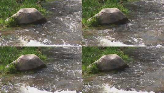 流动的溪水拍打着岸边的石头高清在线视频素材下载