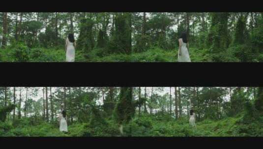 白色长裙女子走在森林里高清在线视频素材下载