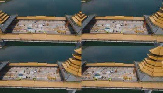 广西柳州凤凰岭大桥风雨亭金色塔顶桥面建设高清在线视频素材下载